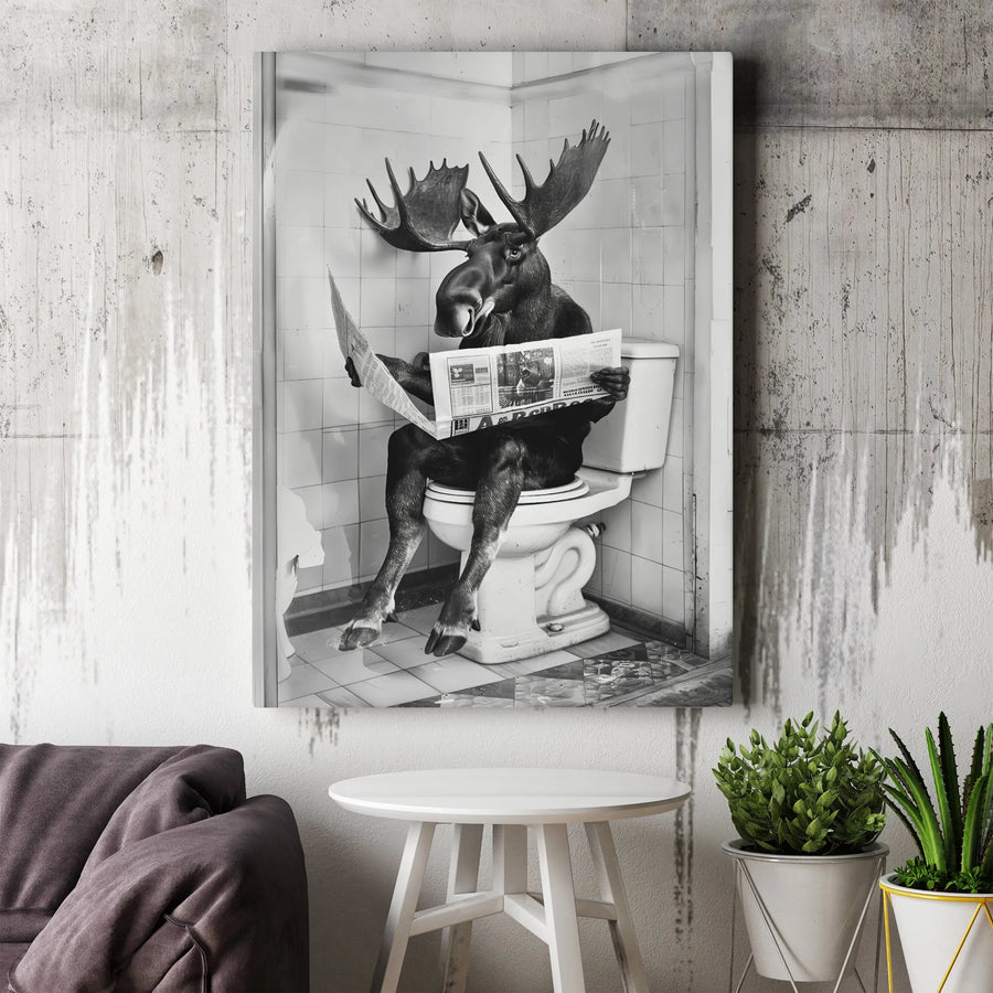 Moose on Toilet Reading Newspaper | Funny Bathroom Wall Art | Premium Gallery Canvas Print | Whimsical Farmhouse Restroom Decor Gift
