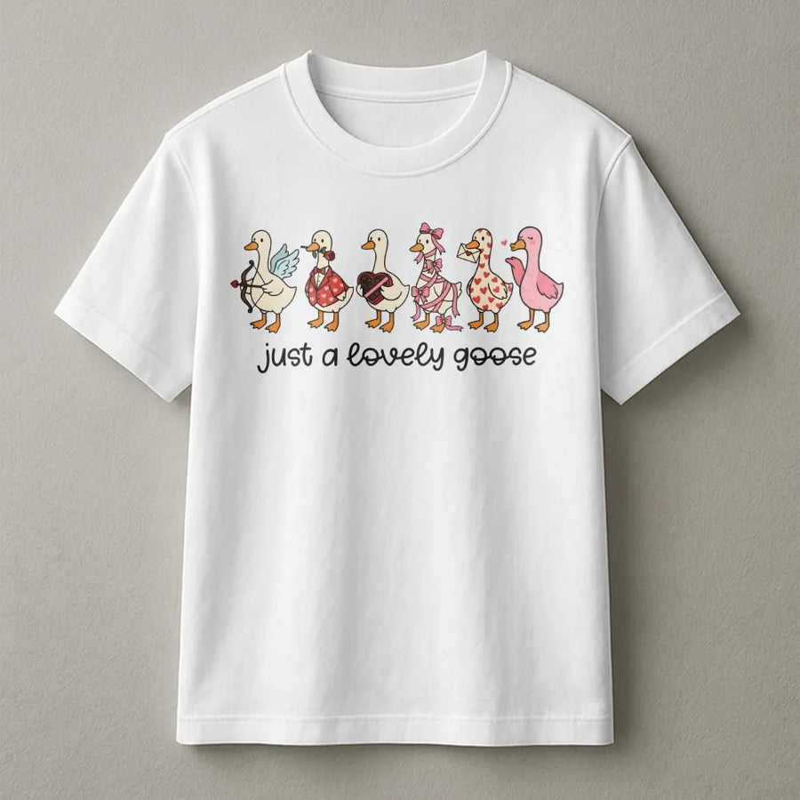 Just A Lovely Goose T-Shirt | Cute Valentine’s Day Heart Design | Premium Soft Cotton | Funny Animal Lover Gift For Her