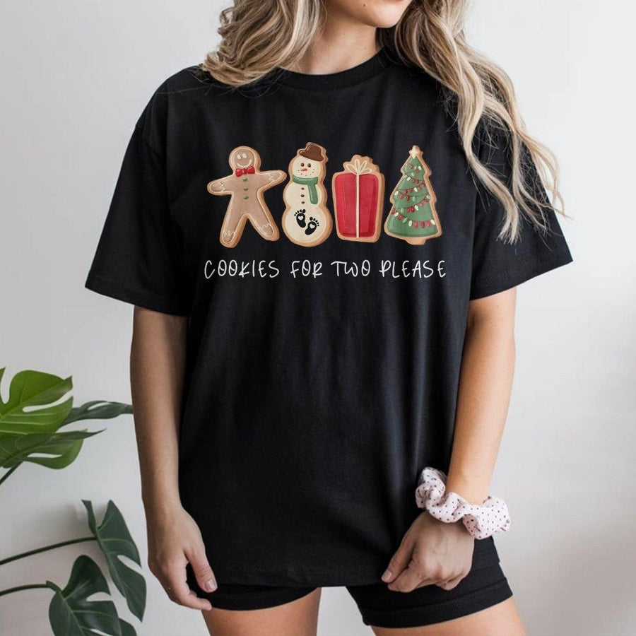 Cookies For Two Please Christmas T-Shirt | Cute Gingerbread And Snowman Graphic | Premium Soft Cotton | Funny Holiday Gift For Couples Or Expecting Parents