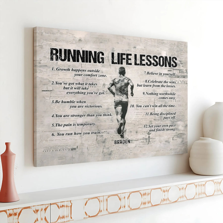 Runner Life Lessons Horizontal Canvas | 12 Motivational Quotes & Athlete Silhouette | Premium 1.25” Gallery Wrap | Inspirational Gift for Marathon Runners and Coaches