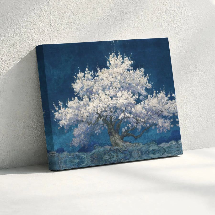 White Blossom Tree Canvas Art | Abstract Floral Night Landscape | Gallery-Wrapped Premium Print | Calming Wall Decor for Bedroom Living Room
