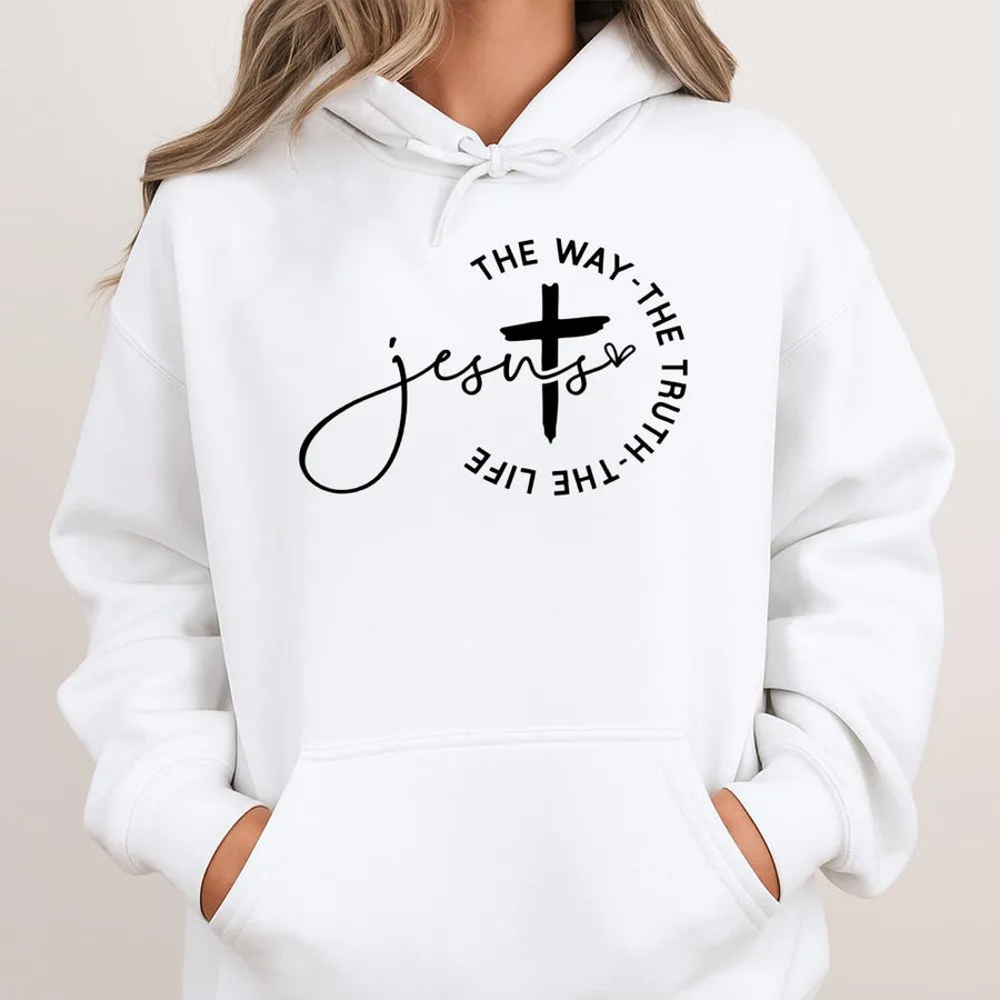 Jesus The Way The Truth The Life Hoodie | Minimalist Cross Script Design | Premium Cotton Blend | Christian Faith Gift For Men And Women