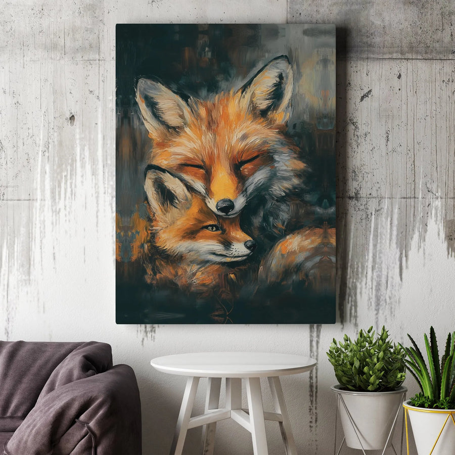 Fox Canvas Wall Art | Expressive Mother and Cub Painting | Premium Gallery Wrap Print | Woodland Nursery Decor Gift for Animal Lovers