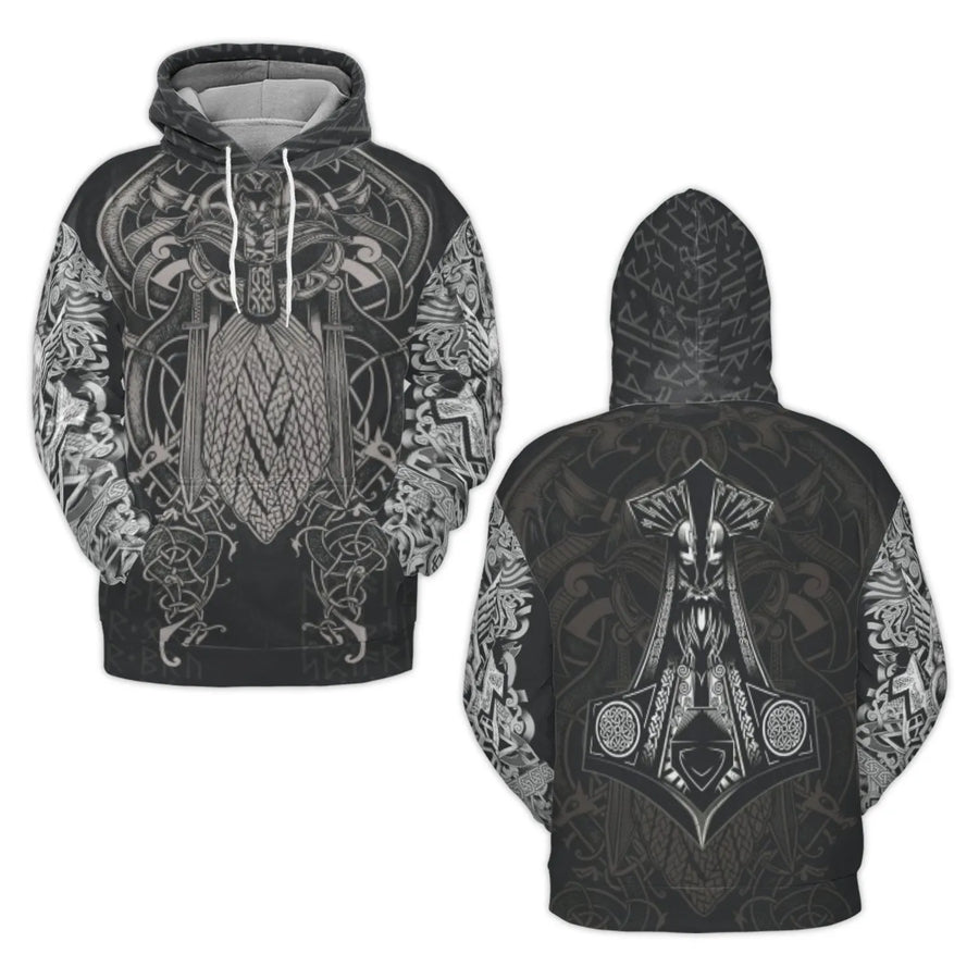 Viking Norse Mythology Hoodie | Mjolnir Thor Hammer & Odin Runes Design | Soft Brushed Fleece Polyester | Unisex Premium Graphic Streetwear Gift