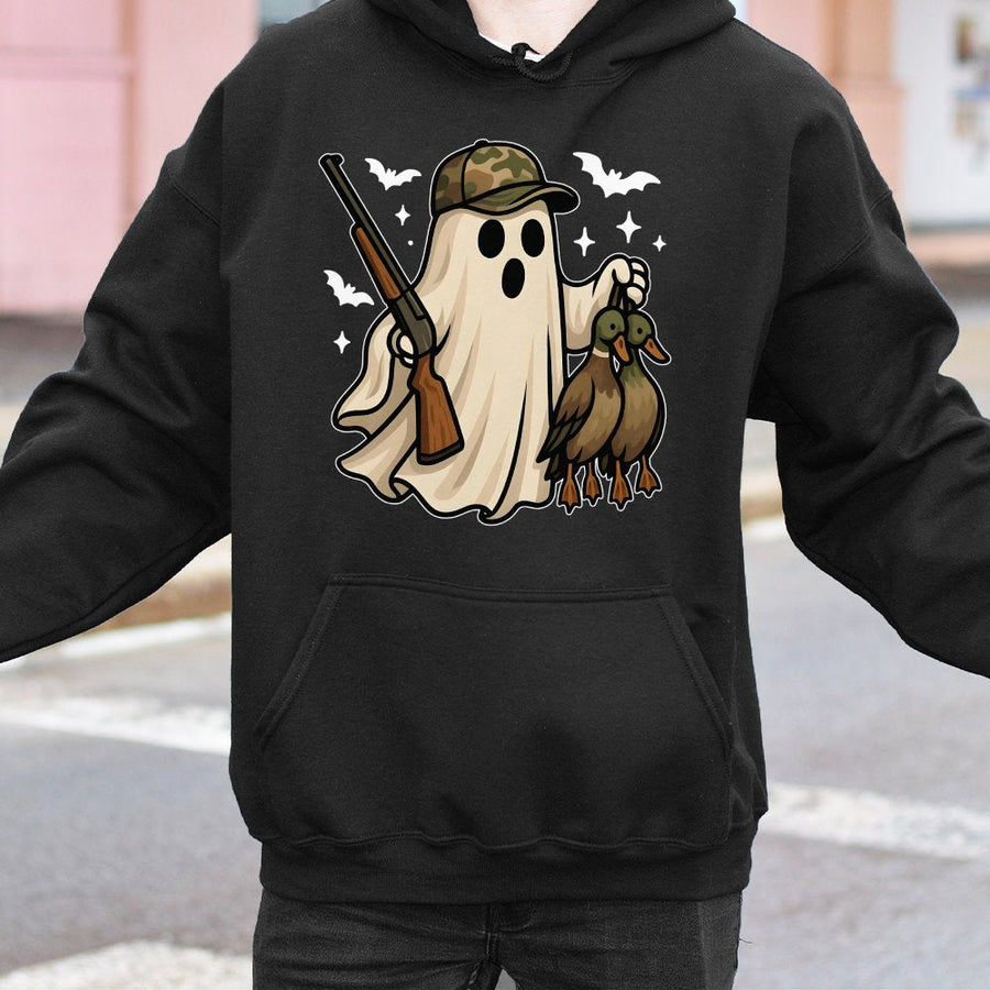Funny Ghost Duck Hunter Hoodie | Spooky Camo Hat Ghost Graphic | Premium Cotton Blend | Halloween Gift for Hunters and Outdoorsmen