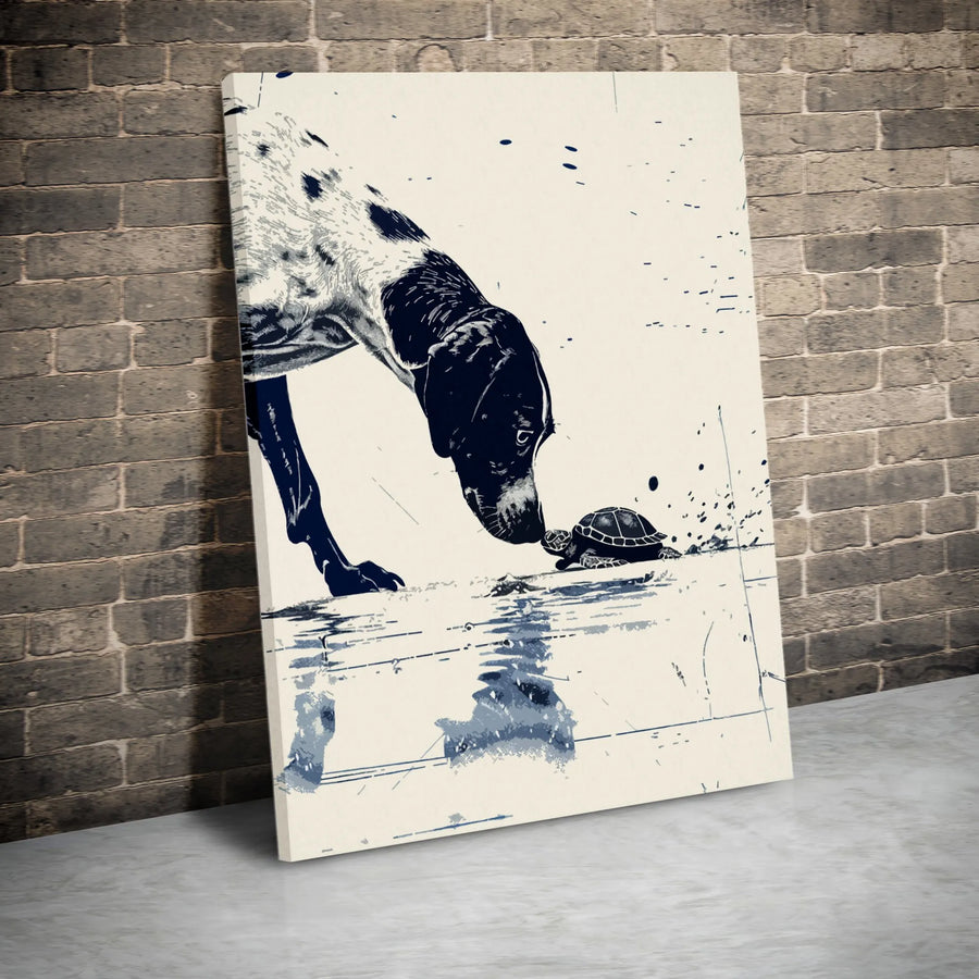 Dog And Turtle Wall Art | Curious Pet Animal Illustration | Premium Gallery Wrapped Canvas | Nature Lovers Home Decor Gift