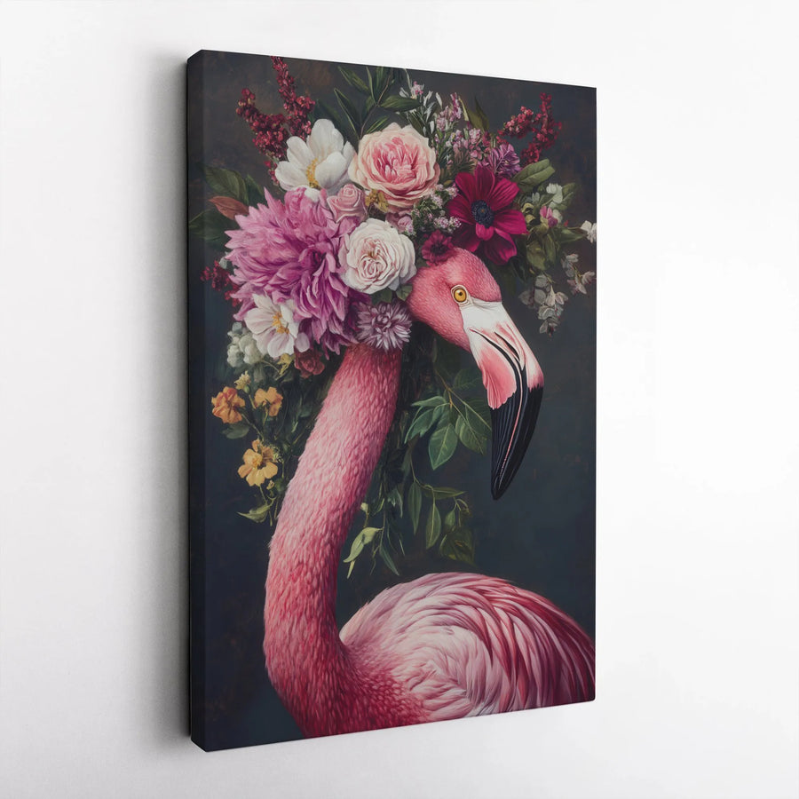 Flamingo Floral Canvas Print | Moody Botanical Bird with Flower Crown | Premium Gallery Wrapped Wall Art | Maximalist Living Room Decor Gift