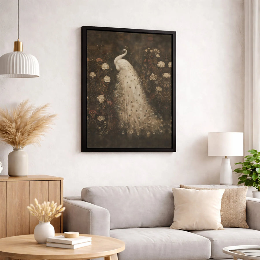 White Peacock Wall Art | Moody Floral Garden Print | Premium 1.25" Gallery Canvas | Elegant Botanical Home Decor Gift
