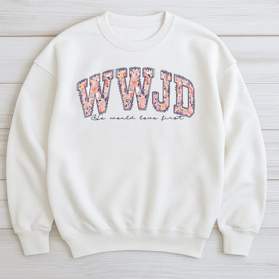 Christian Sweatshirt for Women | WWJD Floral Varsity Letters | Cozy Cotton Blend | Inspirational Faith Based Gift
