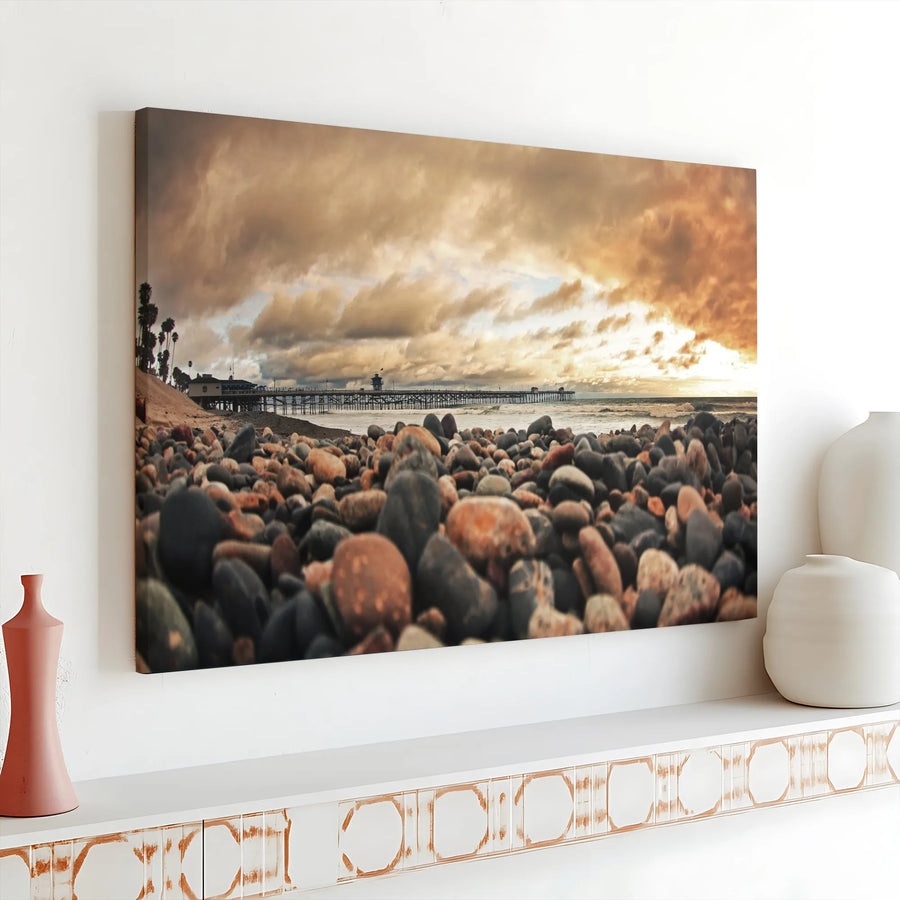 Ocean Pier Sunset Canvas Print | Dramatic Seascape Photography | Premium Fade-Resistant Wall Art | Living Room Coastal Decor Gift