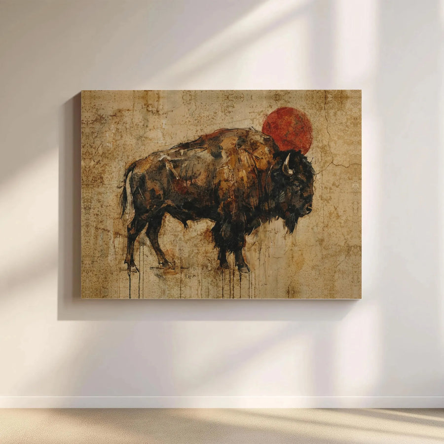 Rustic Buffalo Canvas Print | Western Animal Art with Red Sun | Premium Gallery Quality Print | Southwestern Lodge & Cabin Decor Gift