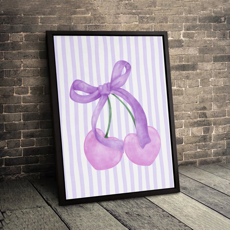 Purple Cherry Canvas Wall Art | Watercolor Fruit with Ribbon Bow | Premium Gallery Wrapped Print | Cute Aesthetic Bedroom Decor Gift