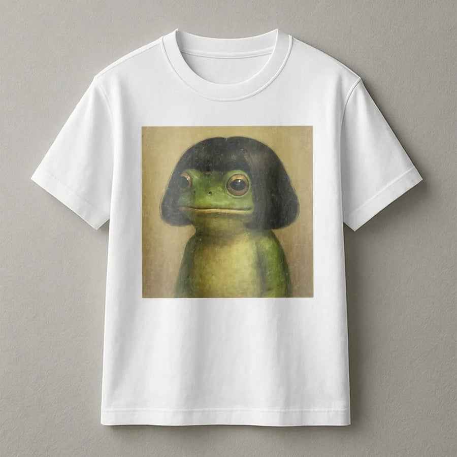 Frog With Wig Meme T-Shirt | Funny Aesthetic Frogcore Graphic Tee | Premium Cotton Casual Apparel | Quirky Gift for Frog Lovers & Internet Culture