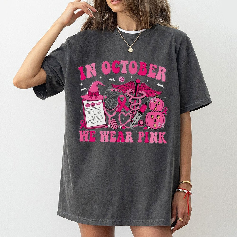 In October We Wear Pink T-Shirt | Breast Cancer Awareness Halloween Nurse Graphic | 100% Cotton Premium Tee | Supportive Gift for Healthcare Workers