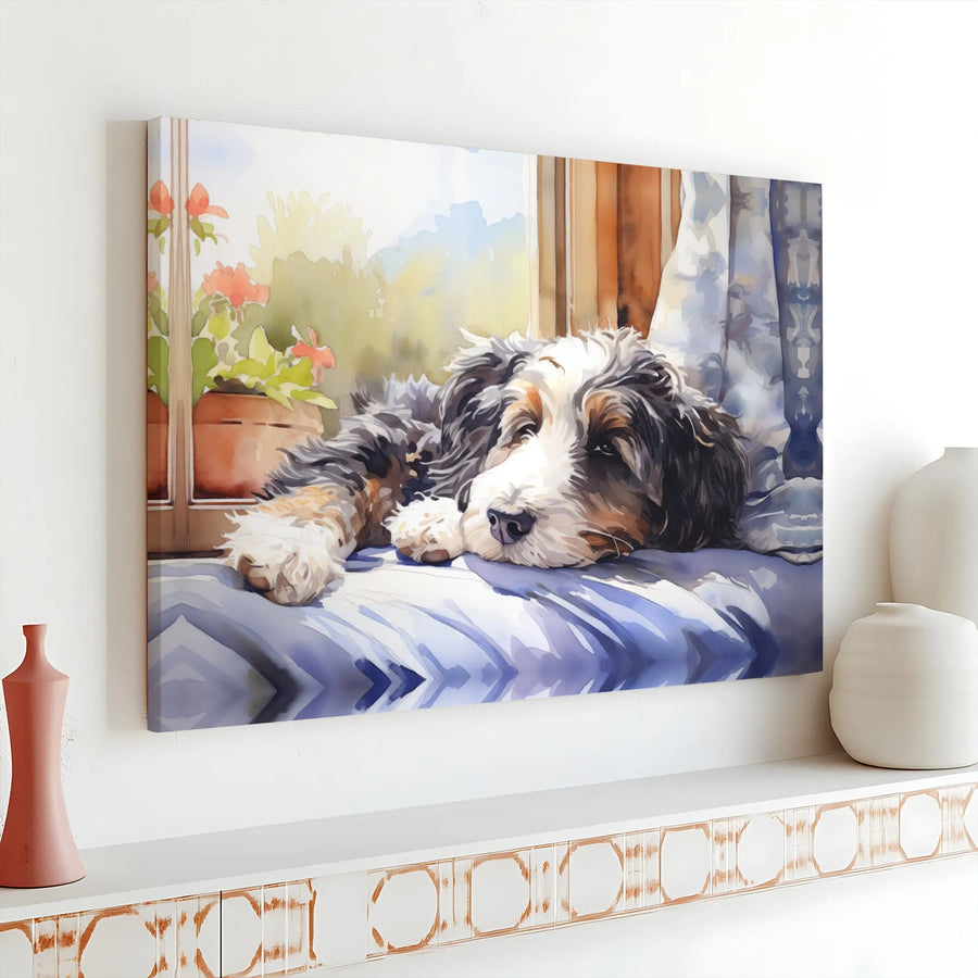 Bernese Mountain Dog Canvas Wall Art | Watercolor Sleeping Dog Print | Premium Gallery Wrapped Canvas | Gift for Dog Lover Pet Owner