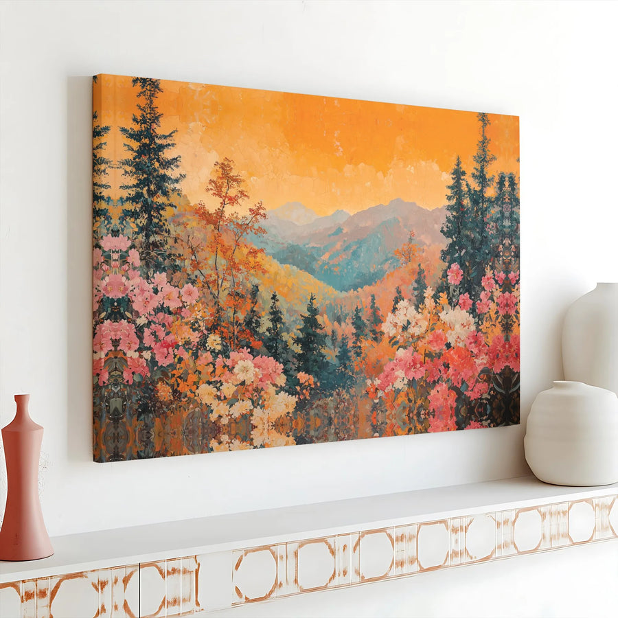 Autumn Mountain Valley Canvas Print | Impressionist Forest Landscape with Flowers | Premium Gallery-Wrapped Wall Art | Nature-Inspired Home Decor