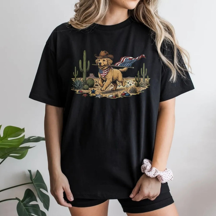 Patriotic Cowboy Dog T-Shirt | Funny Golden Retriever with USA Flag | Premium Soft Cotton Tee | 4th of July Gift for Dog Lovers