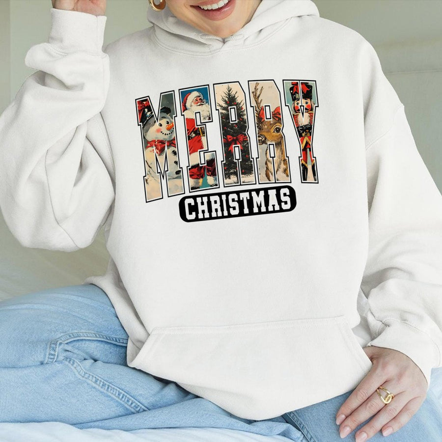 Merry Christmas Hoodie | Retro Vintage Holiday Characters Design | Premium Cotton-Poly Blend | Festive Unisex Gift for Christmas Lovers