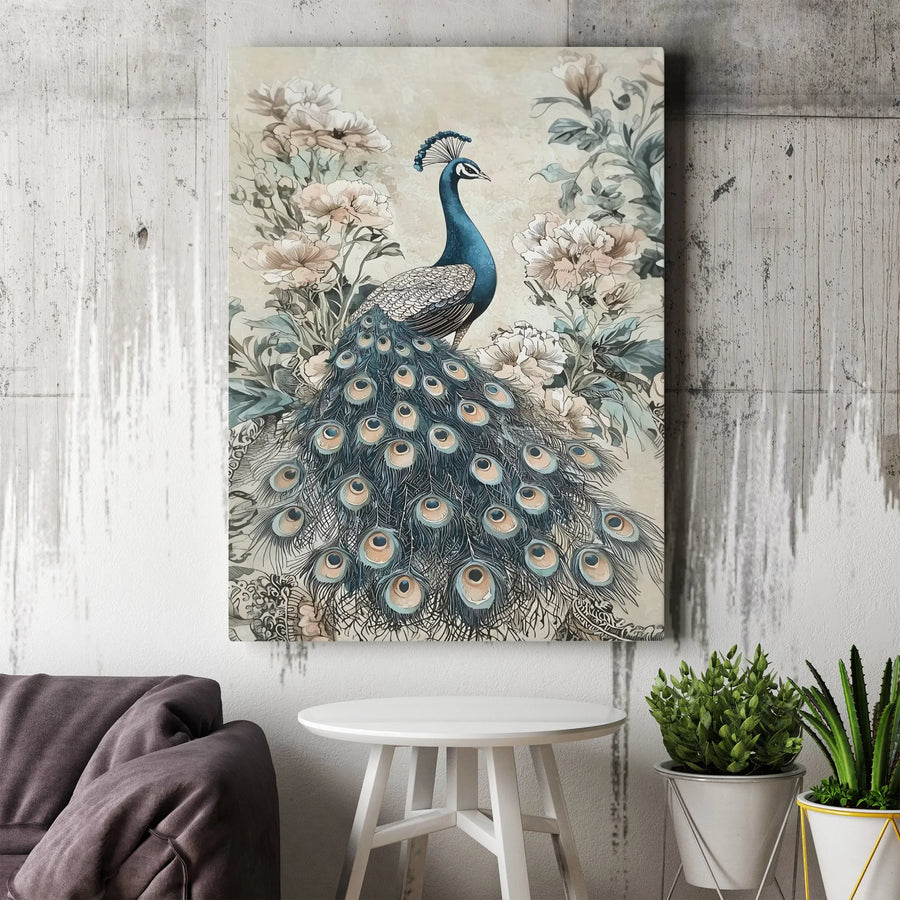 Peacock Wall Art Canvas | Vintage Floral Bird Illustration | Gallery Wrap Premium Print | Elegant Home Decor Gift