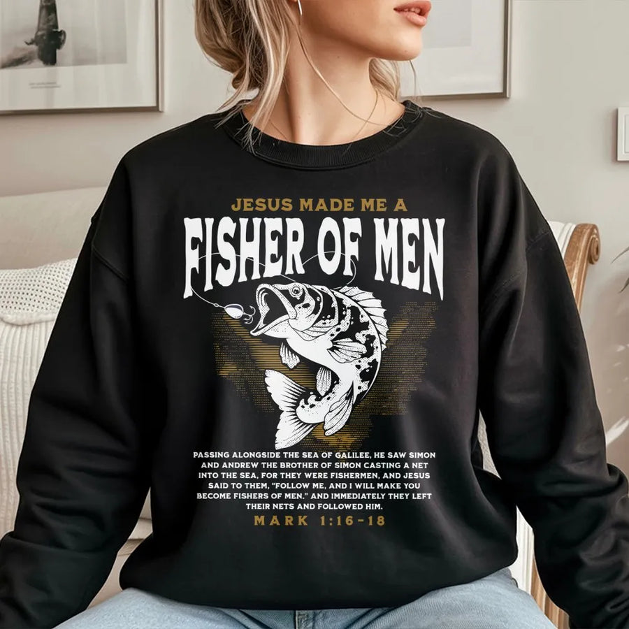 Fisher Of Men Sweatshirt | Religious Bible Verse Mark 1:16-18 Design | Premium Cotton Blend | Christian Fishing Gift For Men And Women