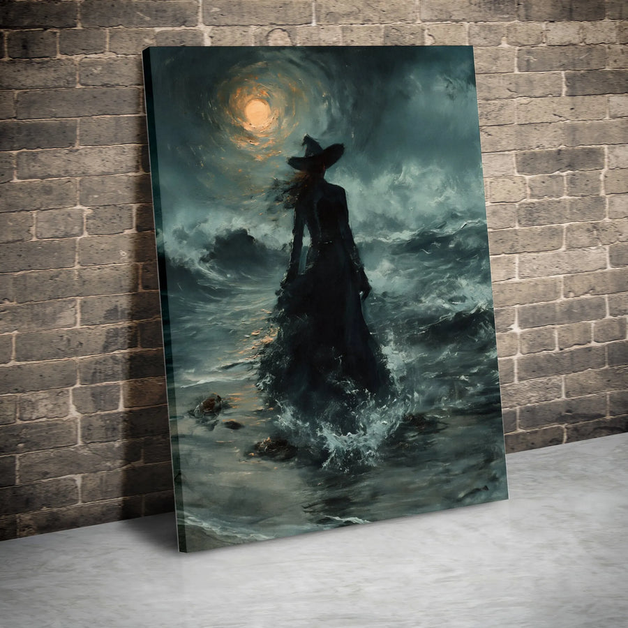 Gothic Witch Canvas Wall Art | Moody Stormy Ocean Witchcraft Decor | Premium Fade-Resistant Gallery Wrap | Dark Academia Fantasy Gift
