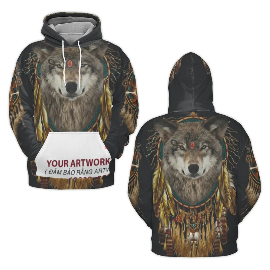 Wolf 3D Hoodie | Native American Dreamcatcher Art | Premium Brushed Fleece Pullover | Unique Wildlife Gift for Men and Women