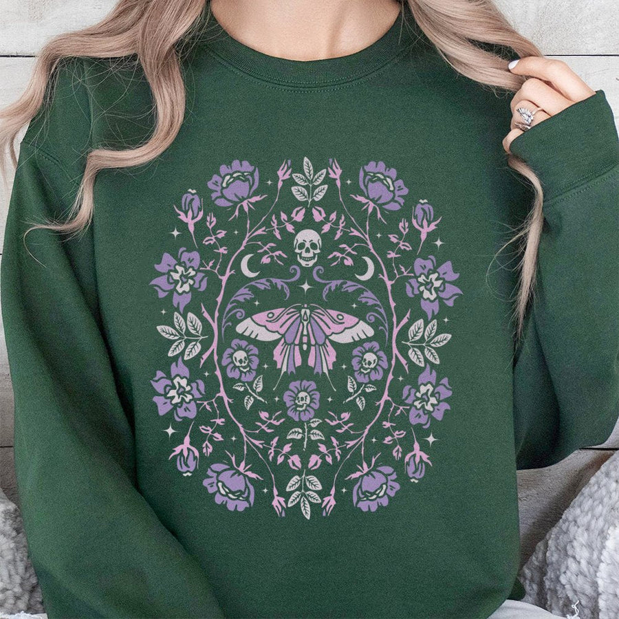Gothic Garden Sweatshirt | Moth Skull Floral Graphic | Cotton Blend Premium Crewneck | Pastel Goth Dark Academia Gift for Her
