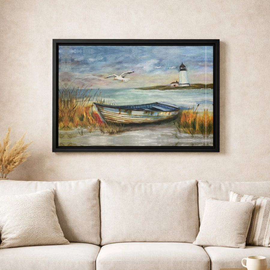 Coastal Lighthouse Canvas Wall Art | Nautical Beach Painting with Rowboat | Premium Gallery Wrap Print | Serene Seaside Home Decor Gift