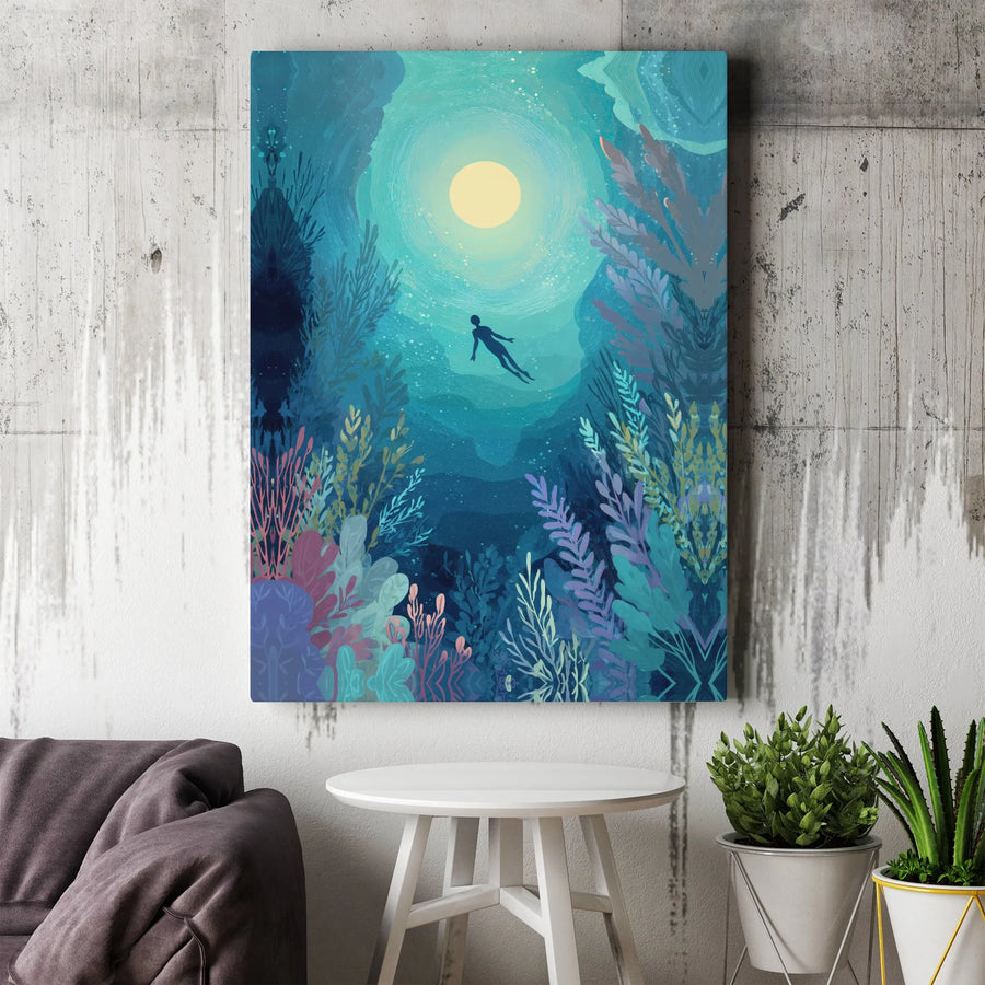 Underwater Dreamscape Canvas Wall Art | Abstract Swimmer & Coral Reef Illustration | Premium Gallery Wrapped Canvas | Modern Home Decor Gift