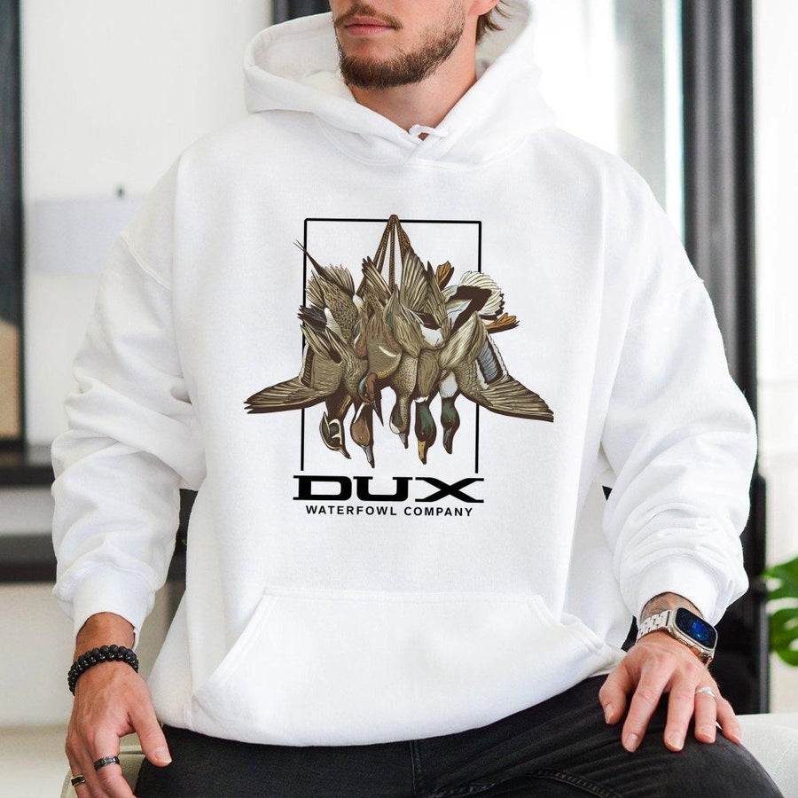 Dux Waterfowl Company Hoodie | Realistic Hanging Duck Hunting Graphic | Premium Cotton Blend | Gift For Duck Hunters & Outdoorsmen