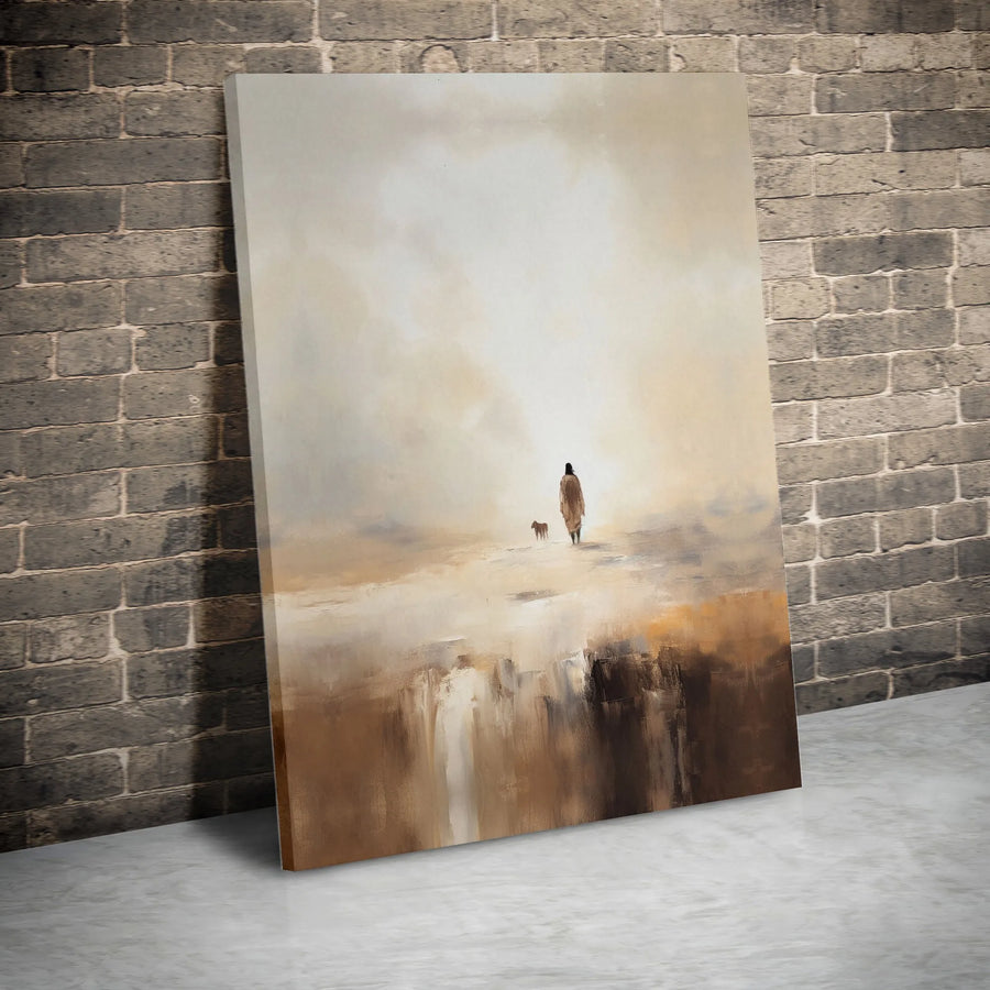 Abstract Landscape Canvas Print | Lone Figure Walking with Dog Art | 1.25 Inch Premium Gallery Wrap | Modern Home Decor Gift