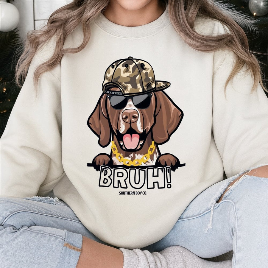 GSP Dog Sweatshirt | Bruh Funny Graphic Print | Premium Cotton Blend Unisex Crewneck | Gift for Pointer Dog Owners and Lovers