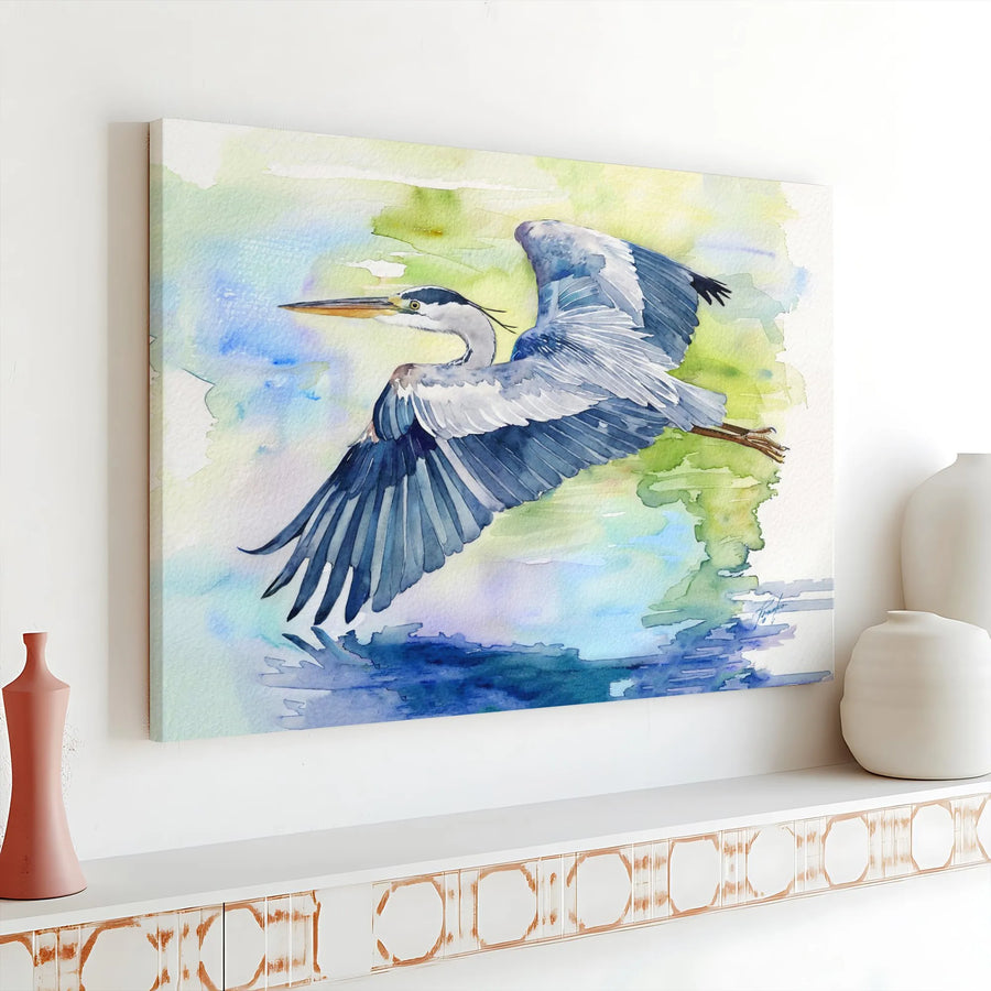 Great Blue Heron Canvas Art | Watercolor Bird In Flight | Premium Gallery Wrap Print | Coastal Home Decor Wall Hanging