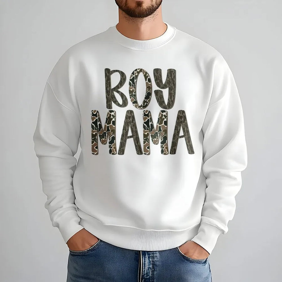Boy Mama Camo Sweatshirt | Distressed Hunting & Bark Texture | Soft Cotton Graphic Tee | Gift for Outdoorsy Mom, Country Mama Apparel