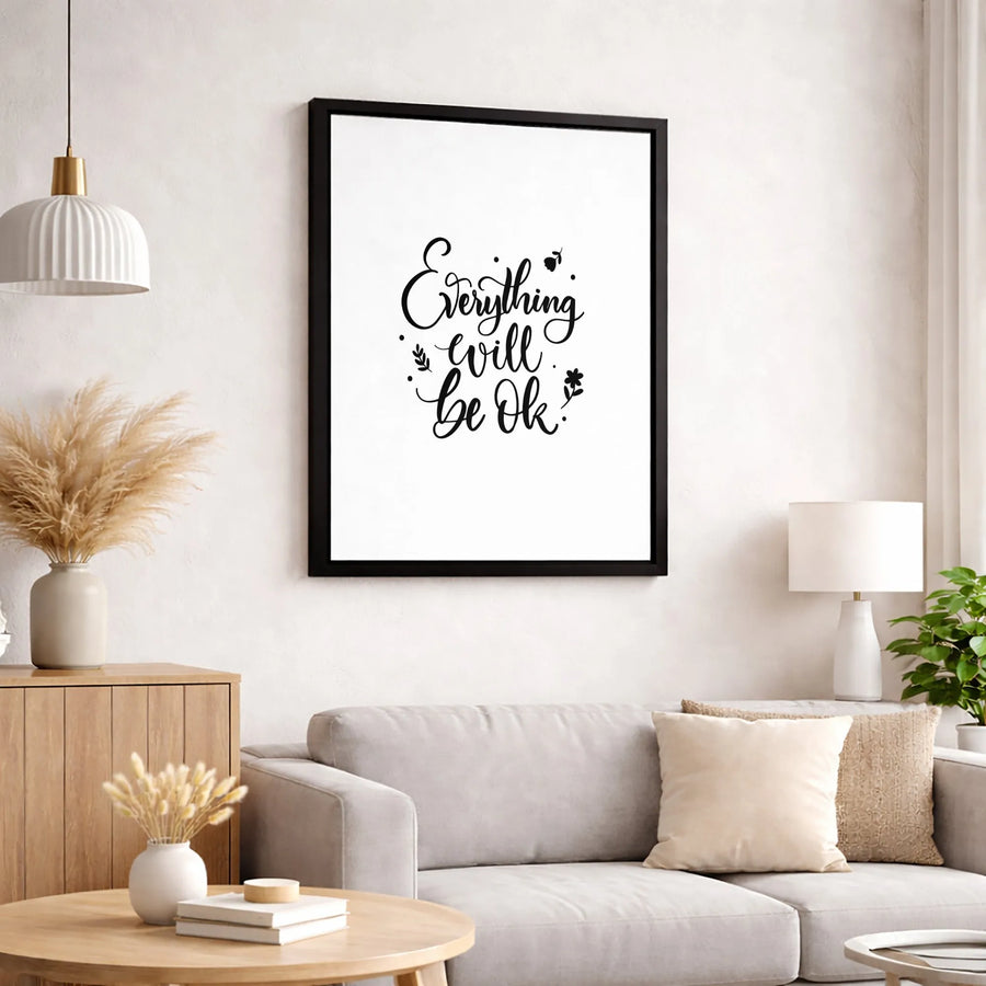 Everything Will Be Ok Canvas Wall Art | Minimalist Cursive Typography | Gallery Quality Premium Print | Inspirational Home Decor Gift