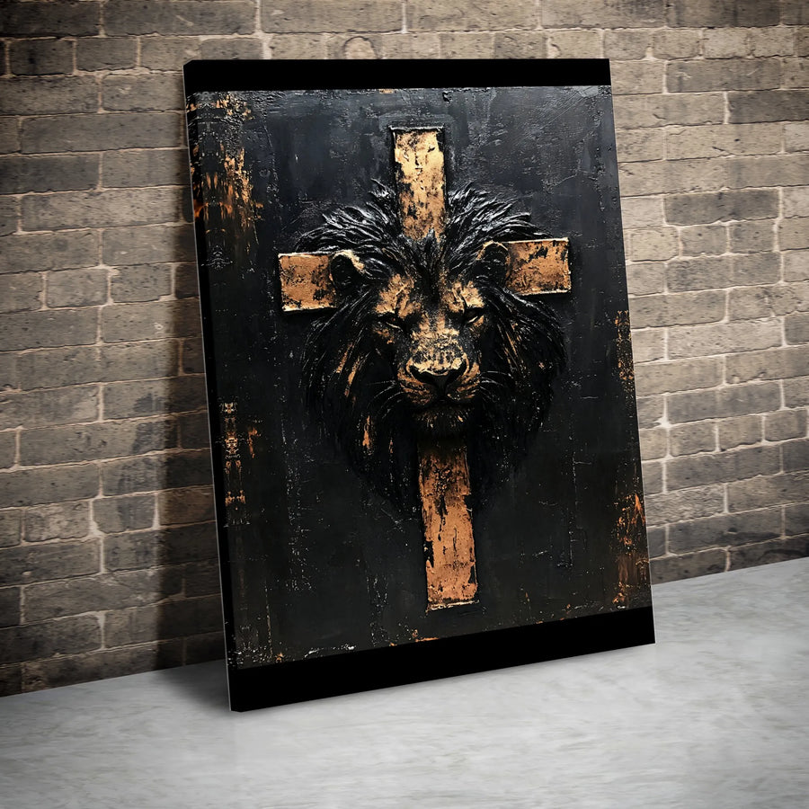 Lion of Judah Canvas Wall Art | Gold and Black Cross Religious Decor | Premium Fade-Resistant Print | Spiritual Gift for Home or Office