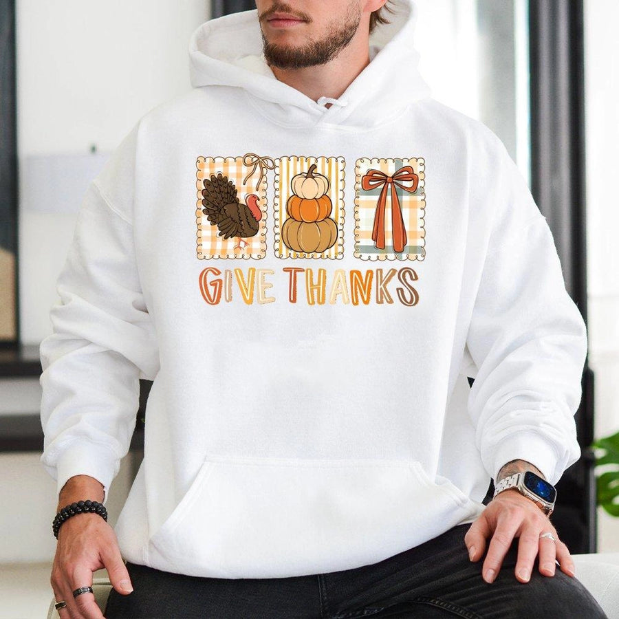Give Thanks Hoodie | Thanksgiving Turkey Pumpkin Bow Graphic | Premium Cotton Blend Fall Pullover | Cute Coquette Autumn Gift for Women