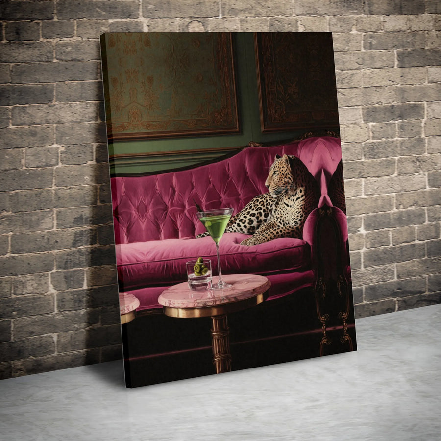 Leopard on Sofa Canvas Print | Moody Maximalist Bar Scene with Martini | Premium Thick Gallery Wrap Art | Unique Gift for Eclectic Home Decor