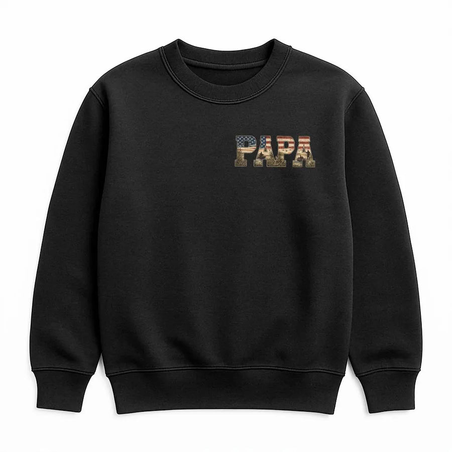 Military Papa Sweatshirt | American Flag Camo Design | Premium Crewneck Pullover | Veteran Father's Day Gift for Dad Grandpa