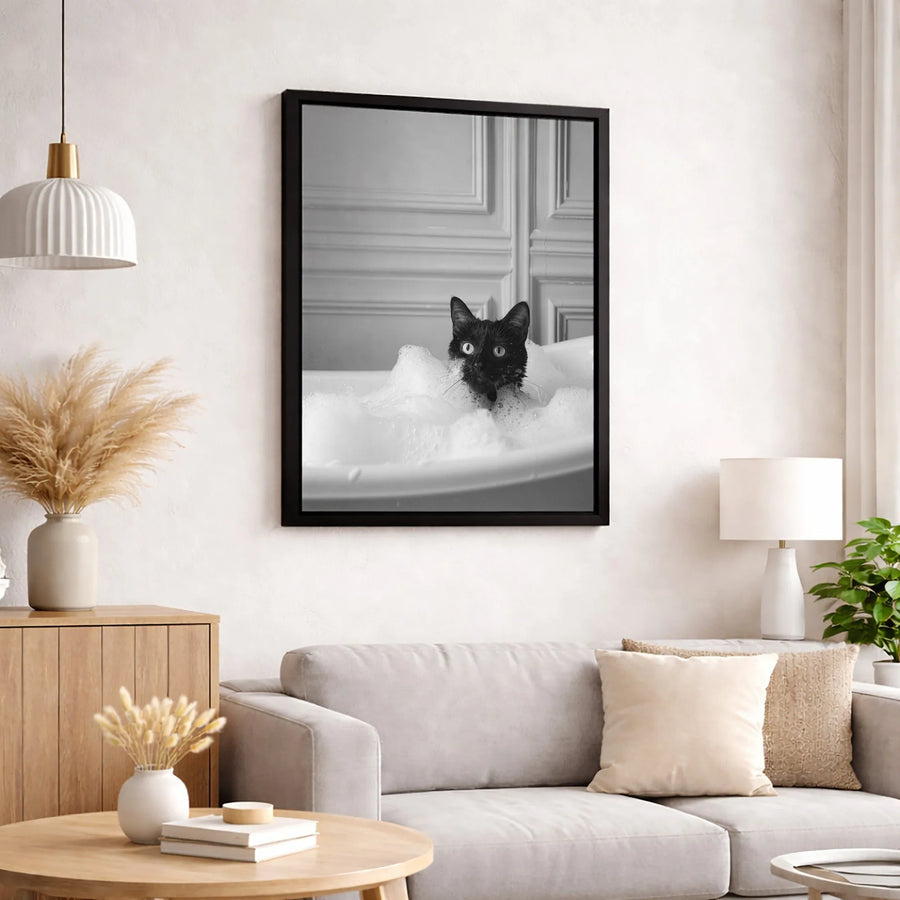 Black Cat in Bubble Bath Canvas Print | Whimsical Bathroom Wall Art | Premium Fade-Resistant Gallery Wrap | Gift for Cat Lovers