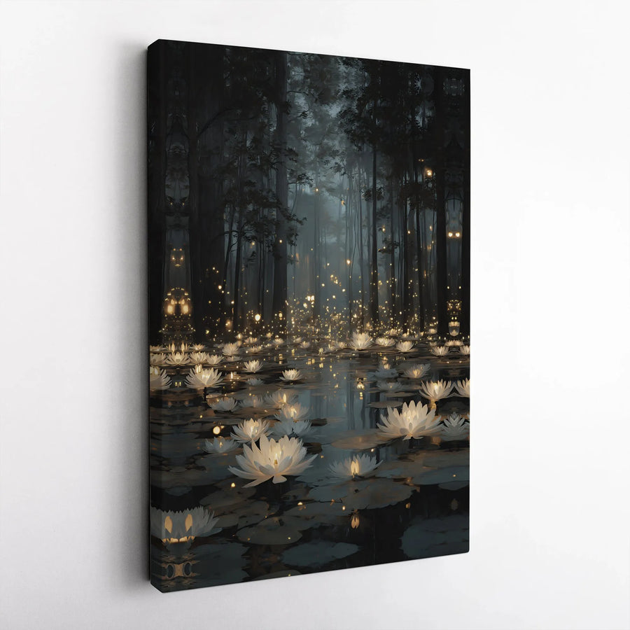 Enchanted Forest Canvas Wall Art | Mystical Pond with Glowing Water Lilies | Premium Fade-Resistant Print | Meditation Room Decor & Spiritual Gift