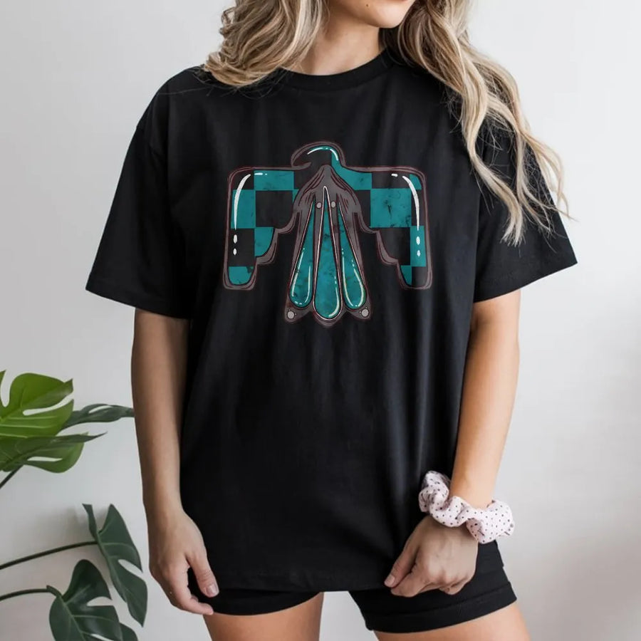 Checkered Thunderbird Graphic T-Shirt | Boho Western Turquoise Print | Premium Soft Cotton Tee | Unique Cowgirl Gift for Women