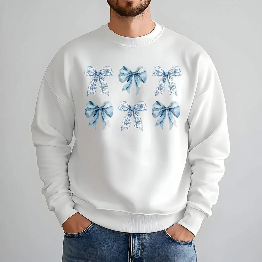 Toile Bow Sweatshirt | Blue Chinoiserie Ribbon Aesthetic | Cotton Blend Premium Pullover | Trendy Coquette Gift For Her