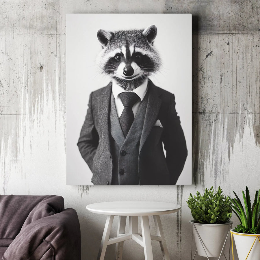 Dapper Raccoon Canvas Art | Gentleman Animal in Suit Portrait | Premium Gallery Wrap Wall Decor | Whimsical Office and Home Gift