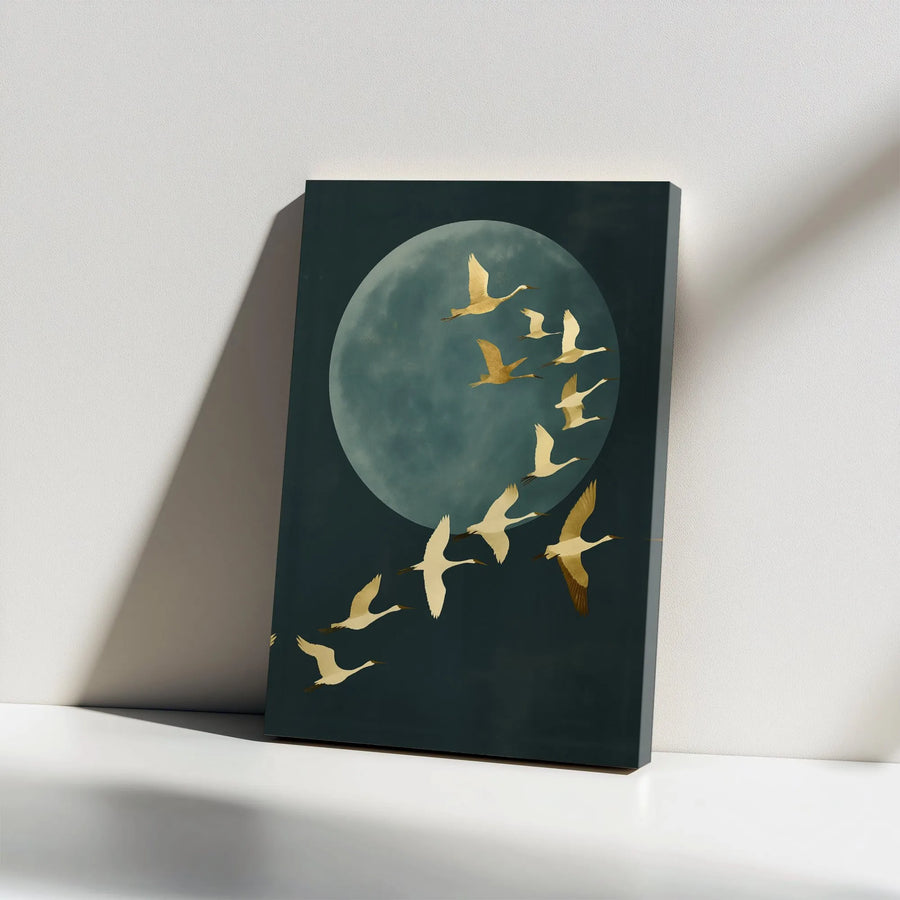 Gold Crane Wall Art | Minimalist Japanese Bird Painting | Gallery Wrapped Canvas Print | Elegant Nature Home Decor For Living Room