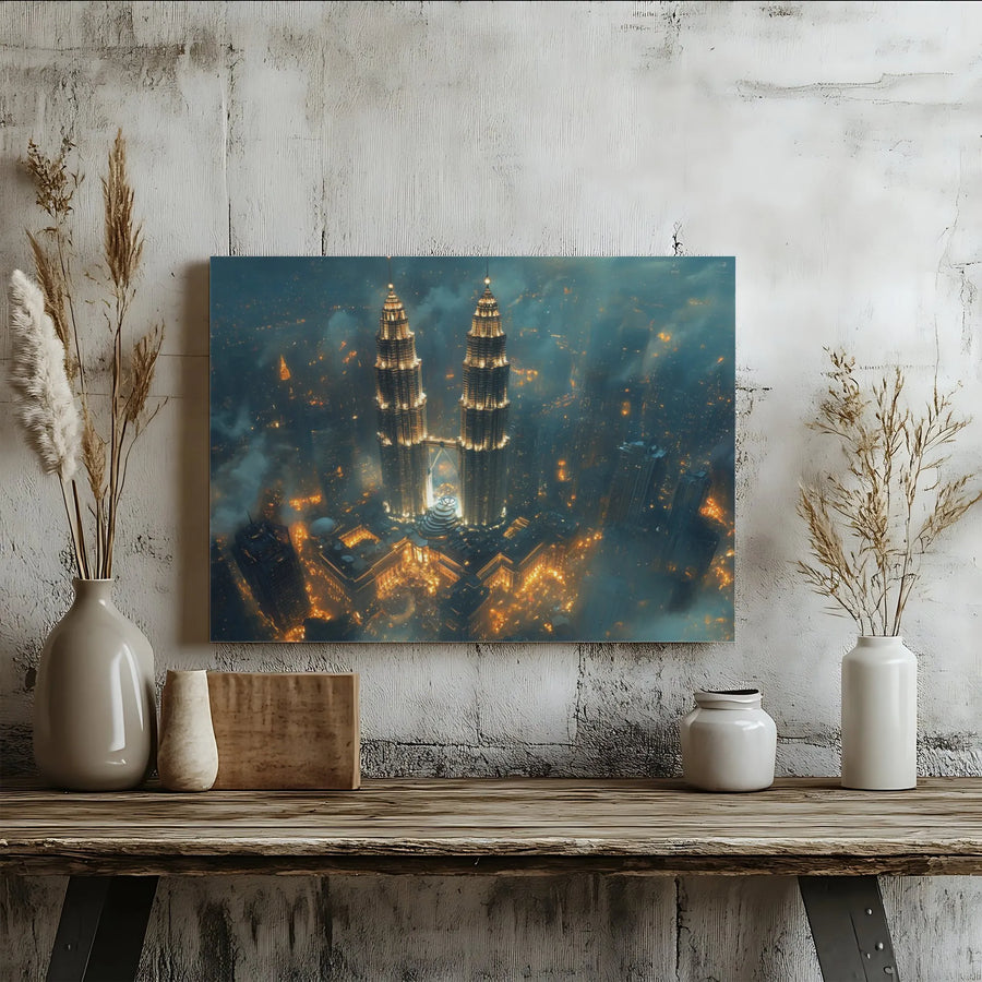 Petronas Towers Canvas Print | Aerial Night Kuala Lumpur Cityscape | Gallery Quality 1.25 Inch Frame | Modern Travel Wall Art for Home Office