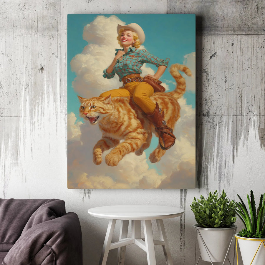 Vintage Cowgirl Riding Cat Canvas Wall Art | Surreal Western Pinup Illustration | Premium Frameless Gallery Canvas | Gift for Western & Cat Lovers