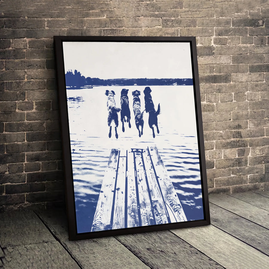 Dogs Jumping Off Dock Canvas Art | Blue White Lake Silhouette Design | 1.25-Inch Premium Gallery Wrap | Nature Lover Home Decor Gift
