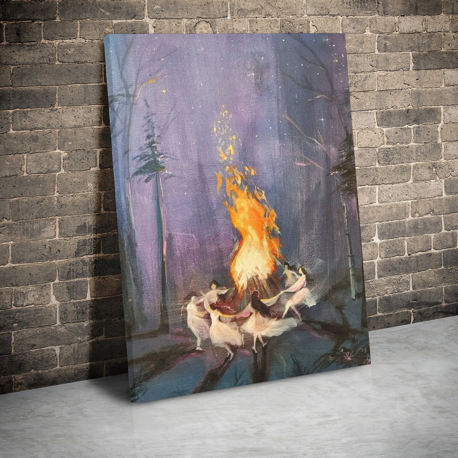 Forest Bonfire Canvas Wall Art | Whimsical Night Forest Dance Print | Premium Gallery Wrap Decor | Gift For Nature Lovers & Spiritual Soul