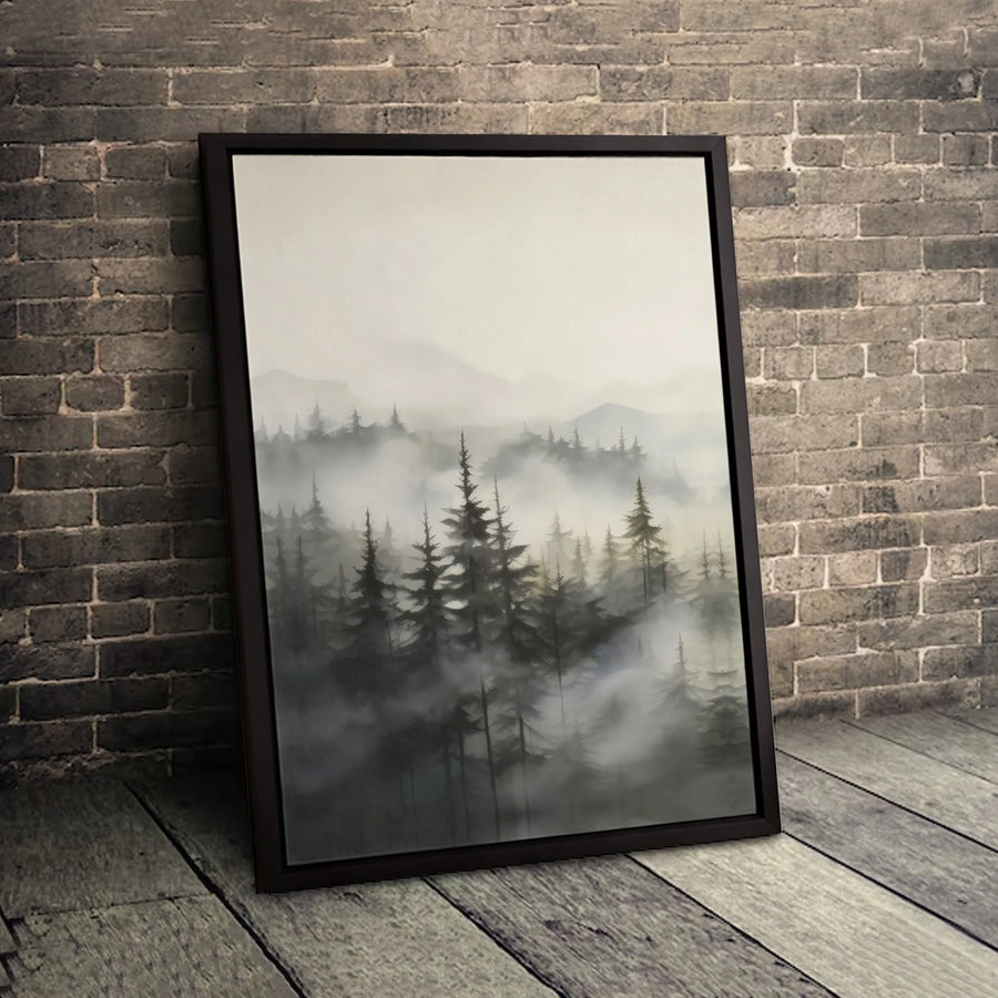Foggy Pine Forest Canvas | Minimalist Mountain Landscape Wall Art | Gallery Quality Premium Print | Serene Nature Decor For Home Or Office